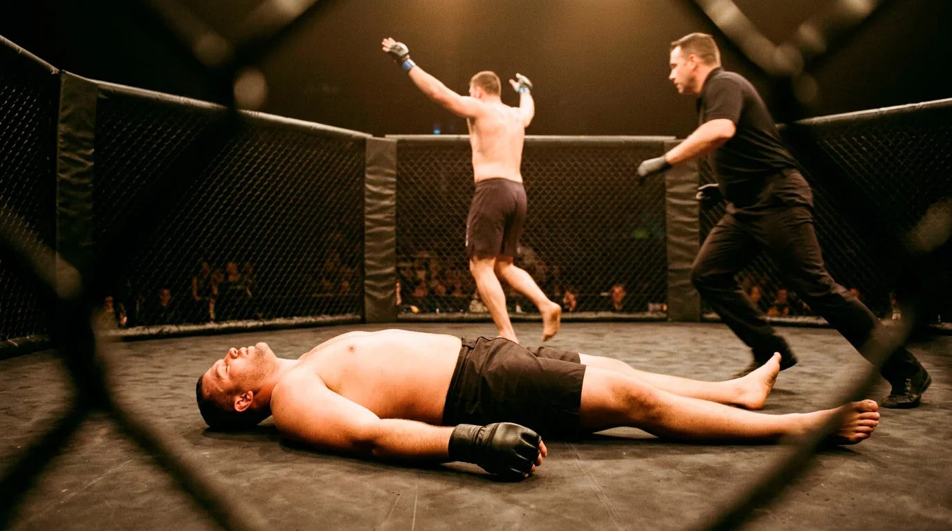 Heavyweight UFC fighter on the canvas after a knockout finish inside the cage