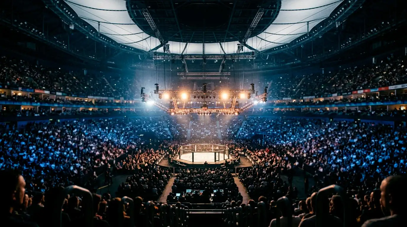 UFC octagon lit up at the O2 Arena in London on a packed UK fight night