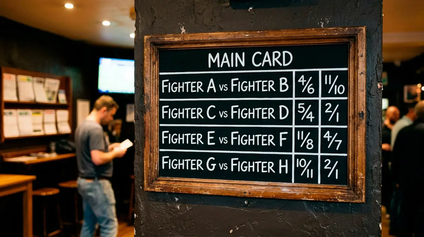 UK bookmaker odds board listing UFC fight prices in fractional format such as 4/6 and 11/10